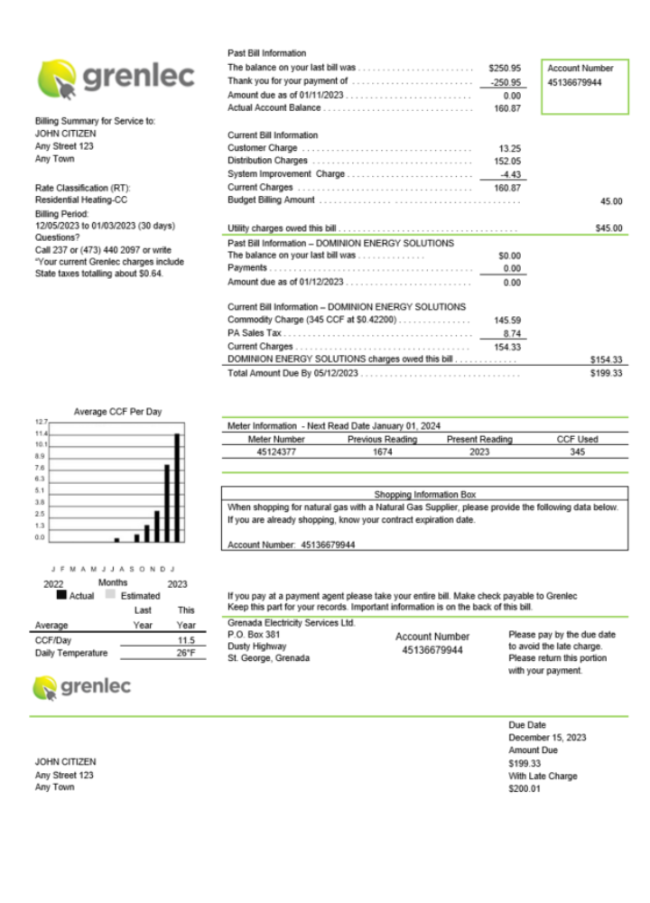 Grenada Electricity Services utility bill Word and PDF template